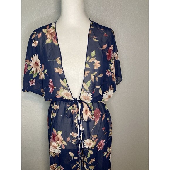 Duster Cardigan S Long Open Front Short Sleeve Floral Sheer Boho Coverup Ties - Picture 2 of 8